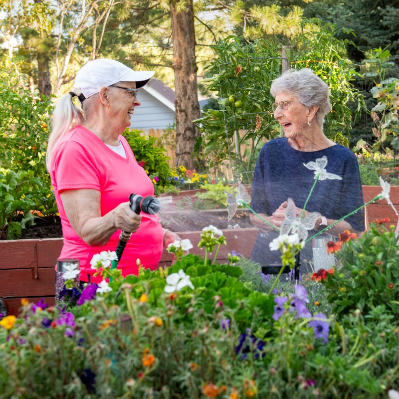 Someren Glen Senior Living Community in Centennial, CO - older woman watering garden bed and talking to friend square